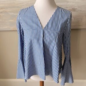 Zara royal blue/white gingham swing blouse with bell ruffle sleeve